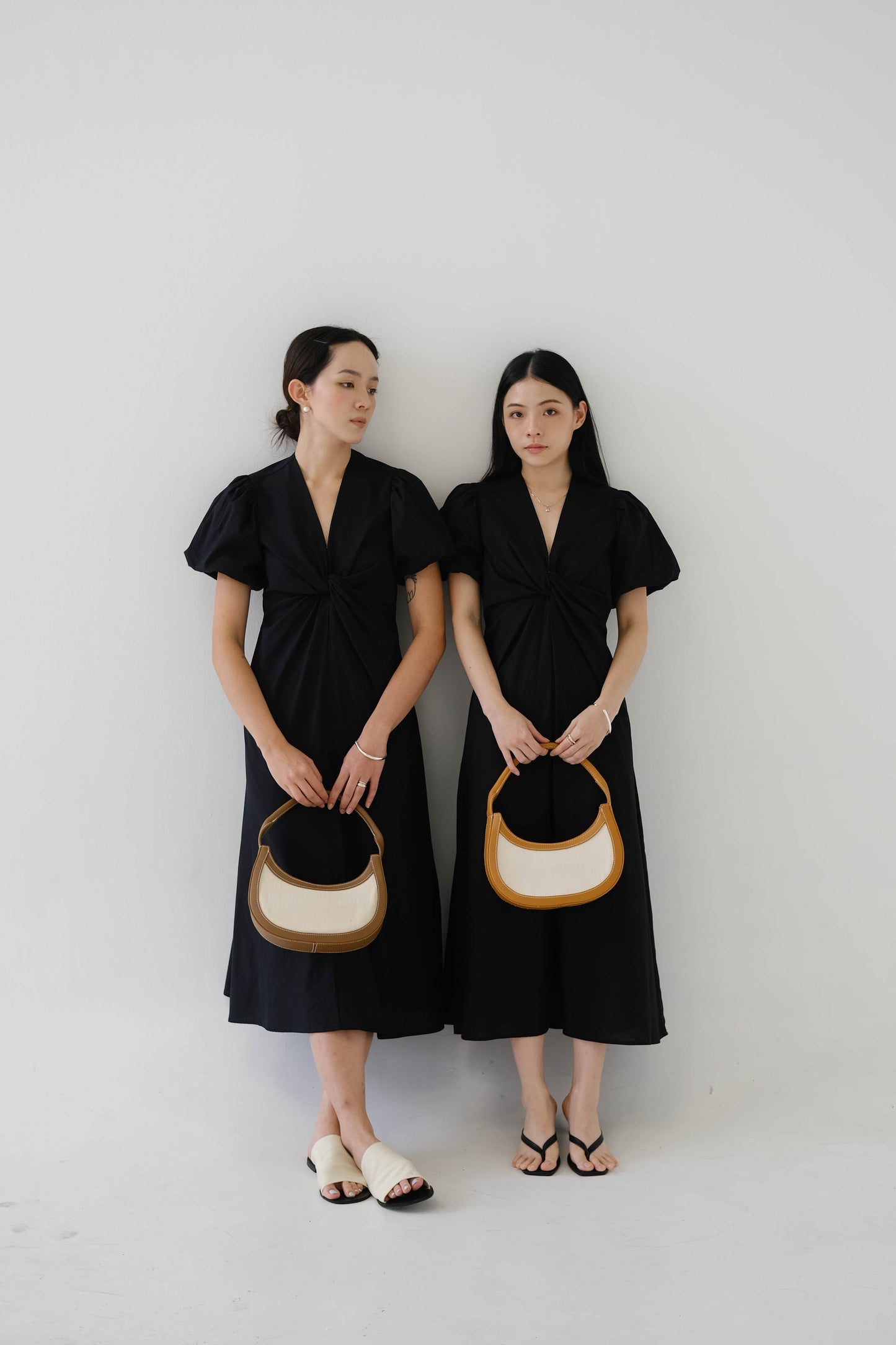 V-neck Puff Sleeve Dress In Classic Black