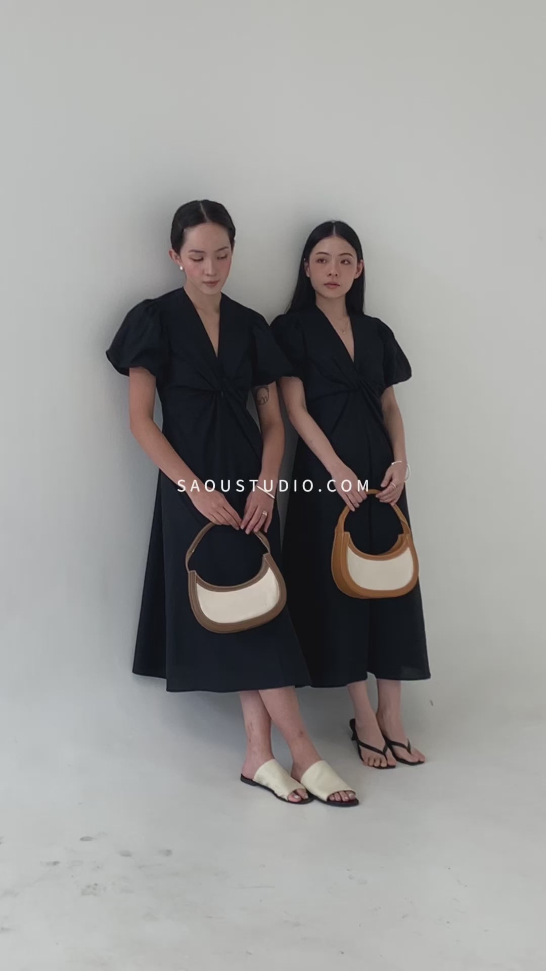 V-neck Puff Sleeve Dress In Classic Black