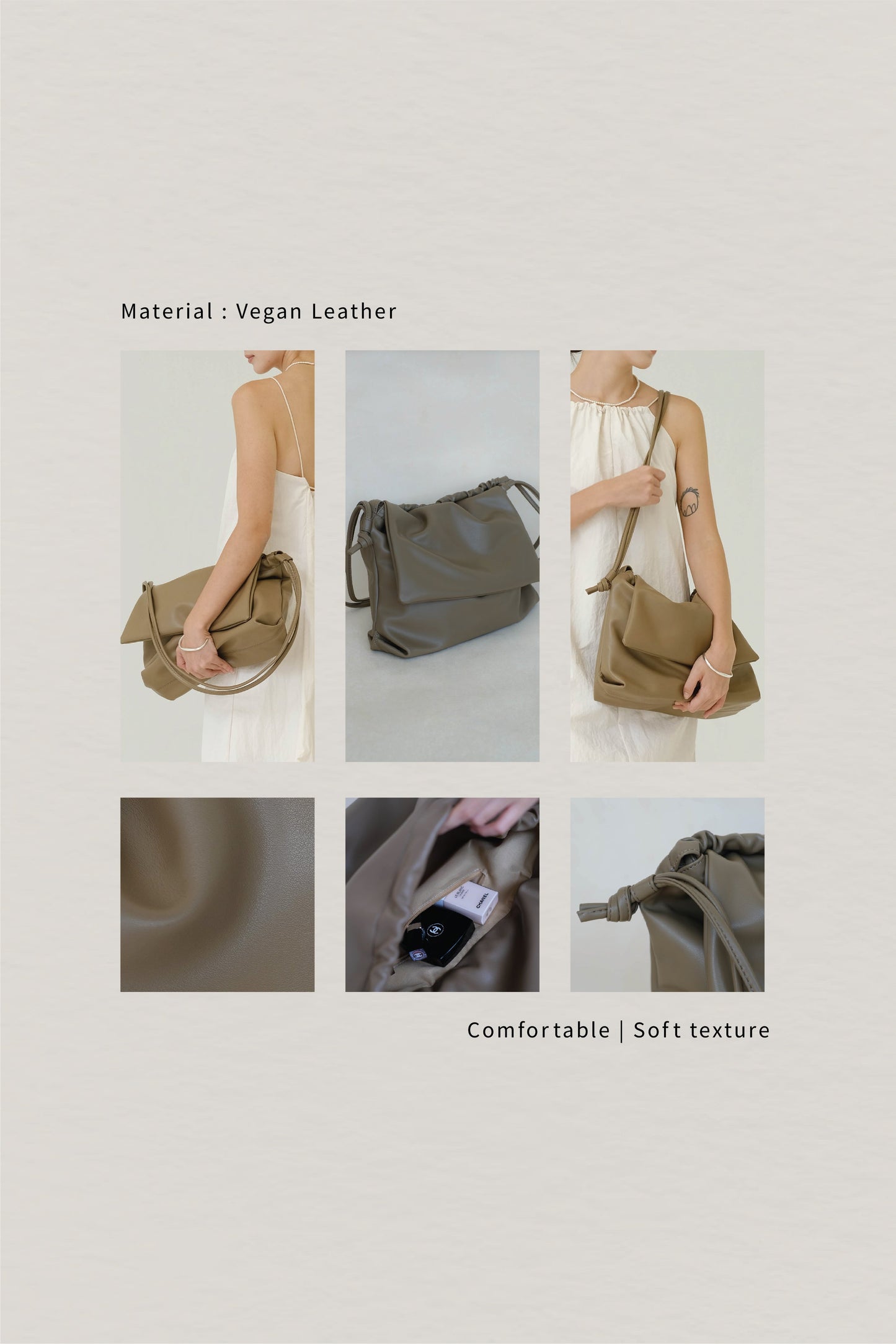 Drawstring Pleated Large Capacity Shoulder Bag in Mud Color