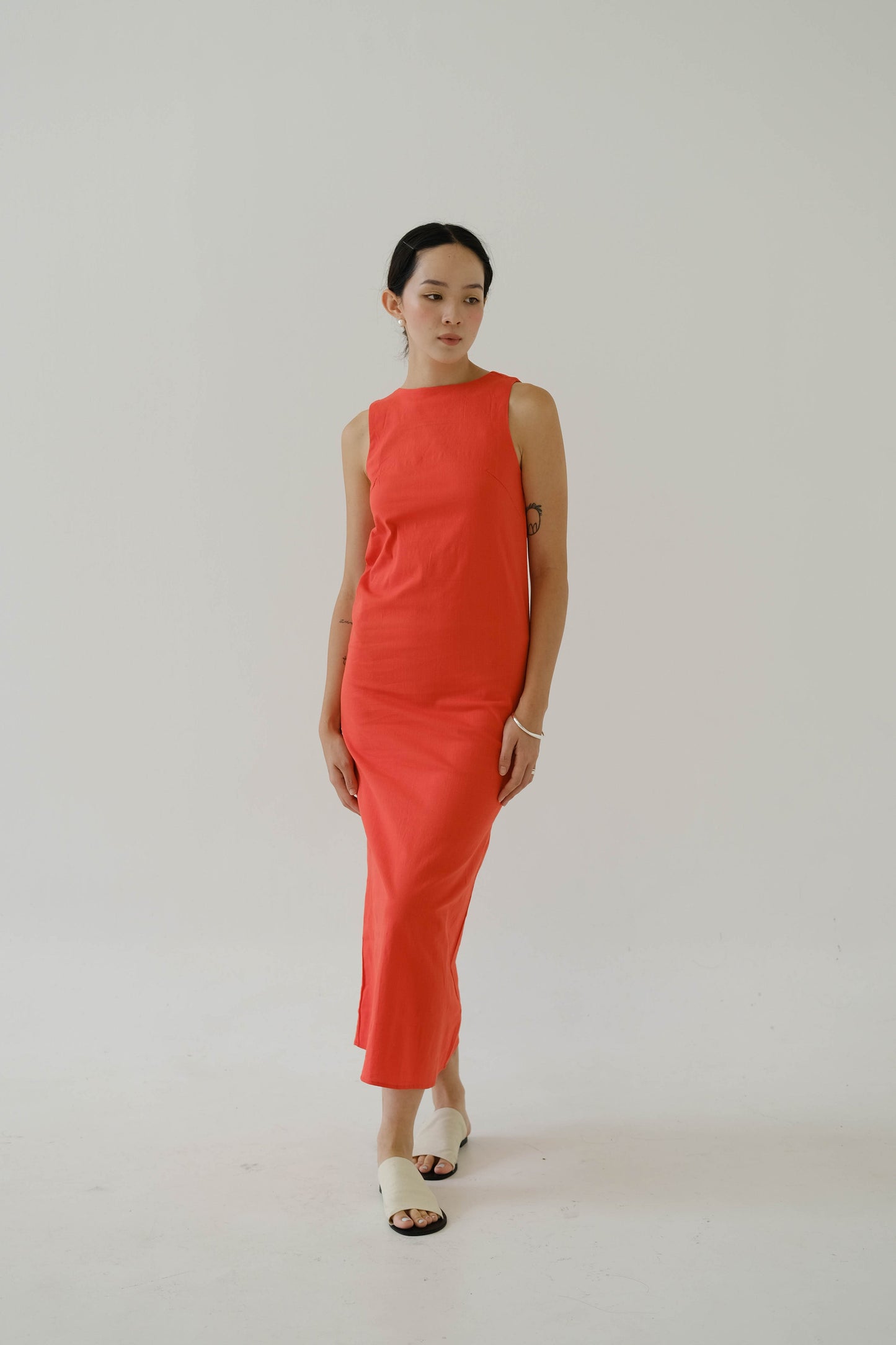 French Cotton Linen Tank Dress In Orange