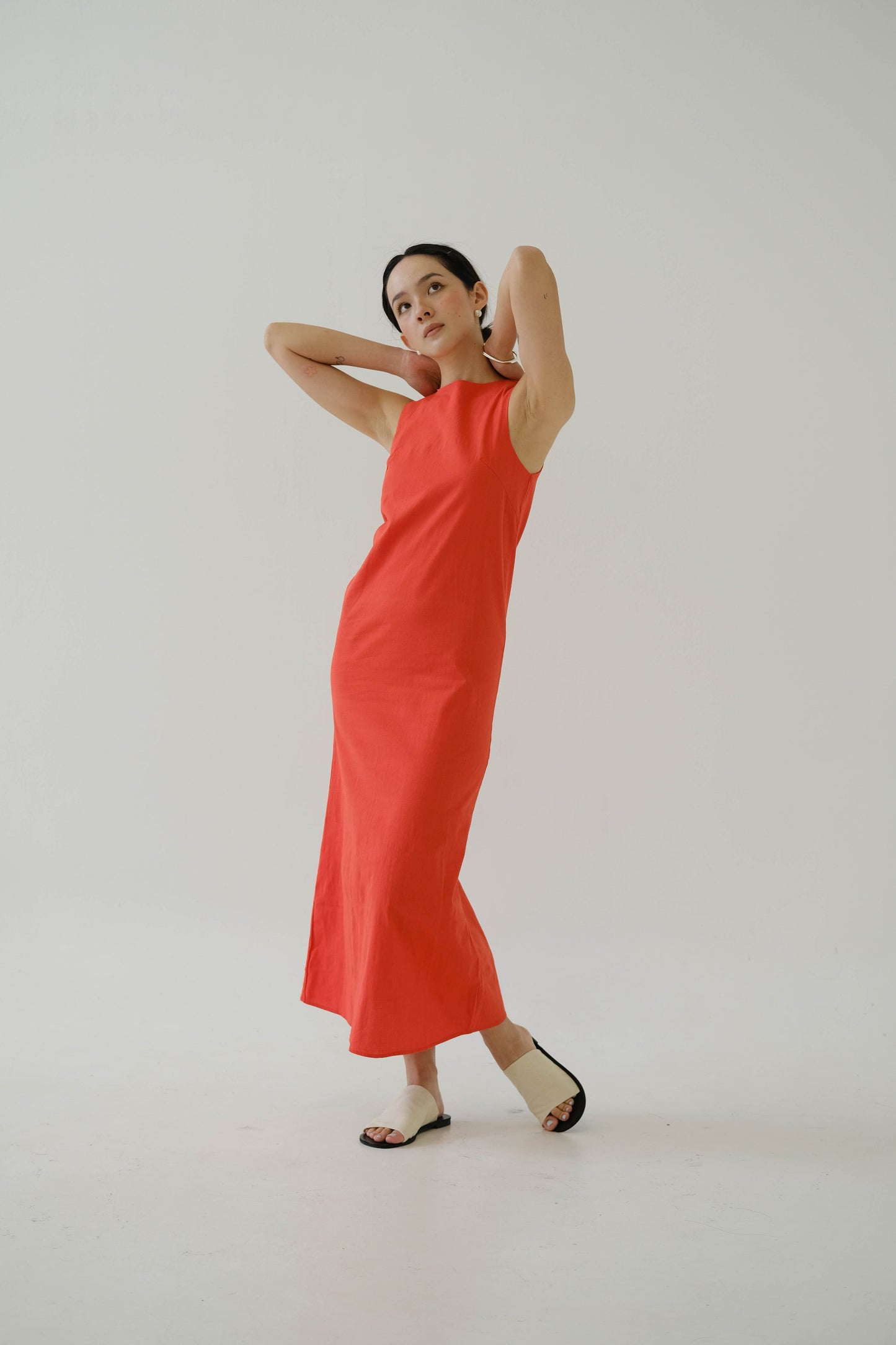 French Cotton Linen Tank Dress In Orange