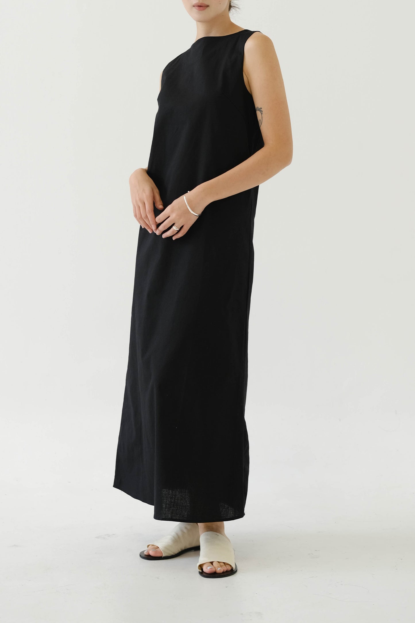 French Cotton Linen Tank Dress In Classic Black