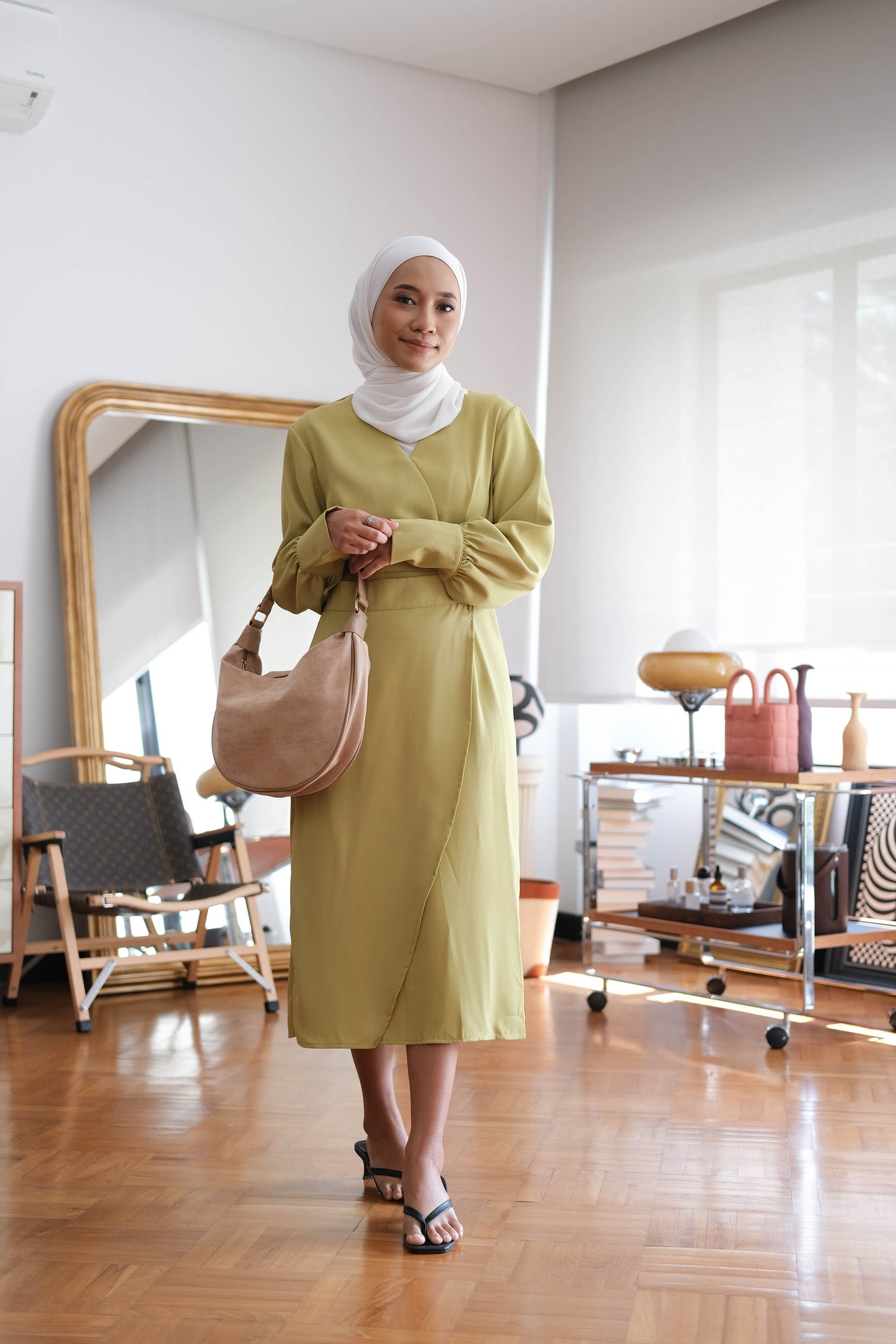 French Crossover V-neck Long Sleeve Dress