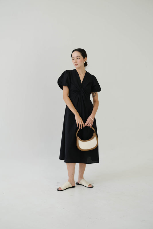 V-neck Puff Sleeve Dress In Classic Black