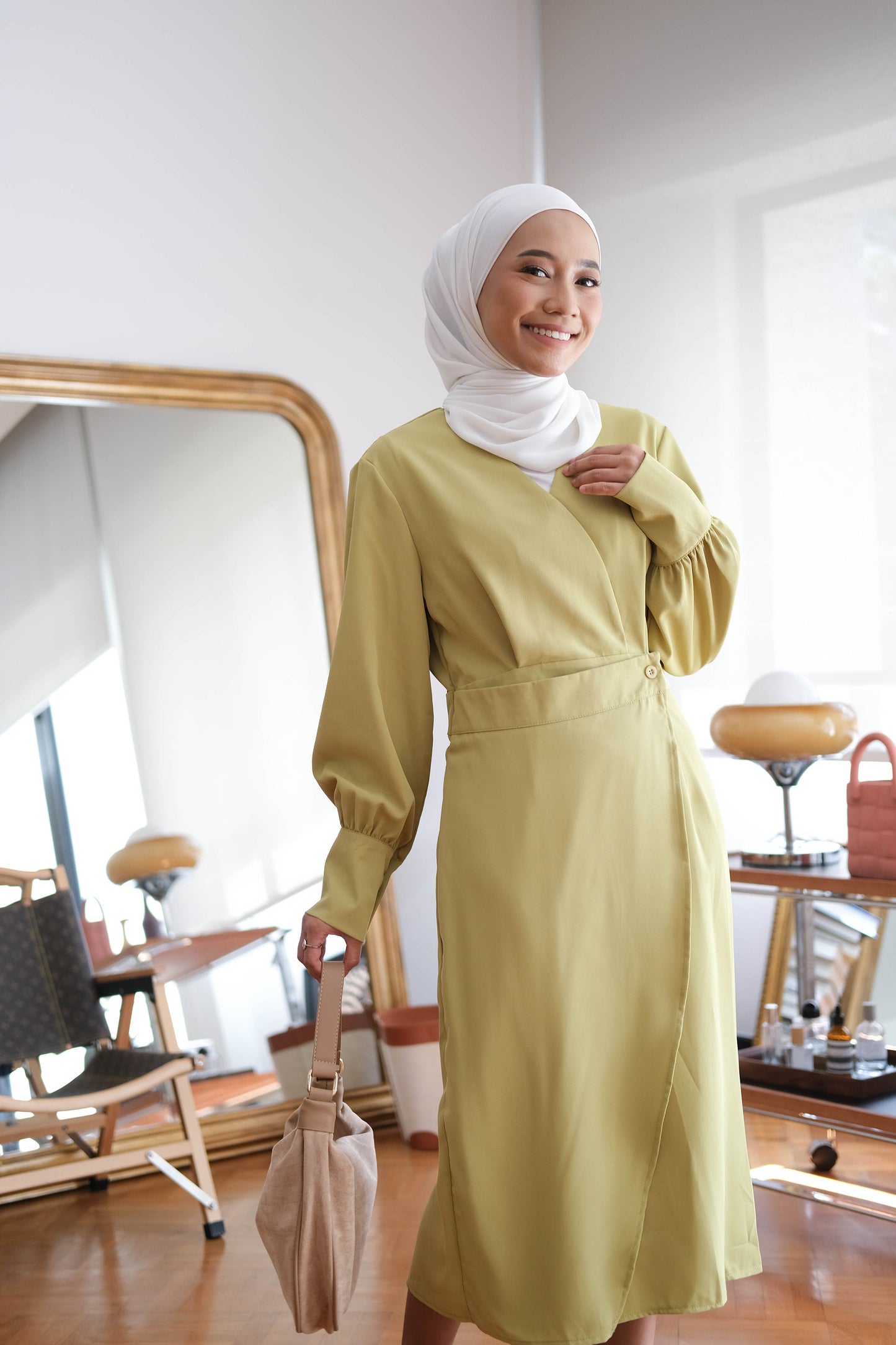 French Crossover V-neck Long Sleeve Dress