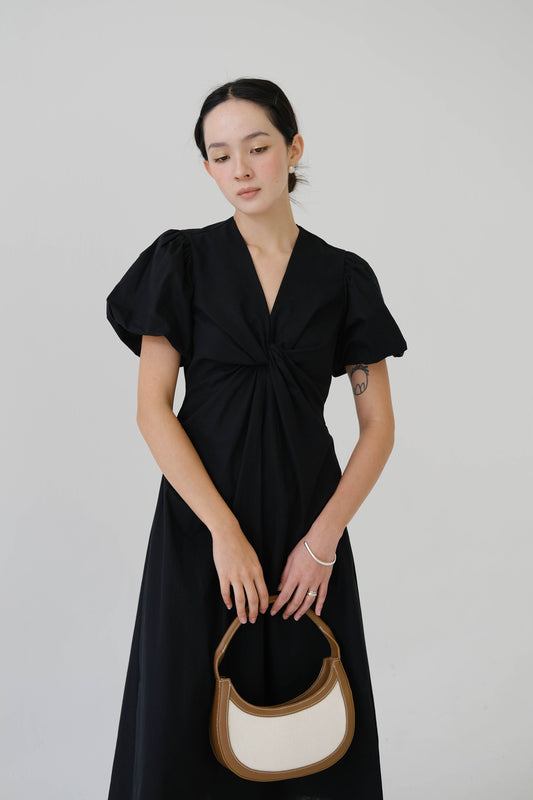 V-neck Puff Sleeve Dress In Classic Black