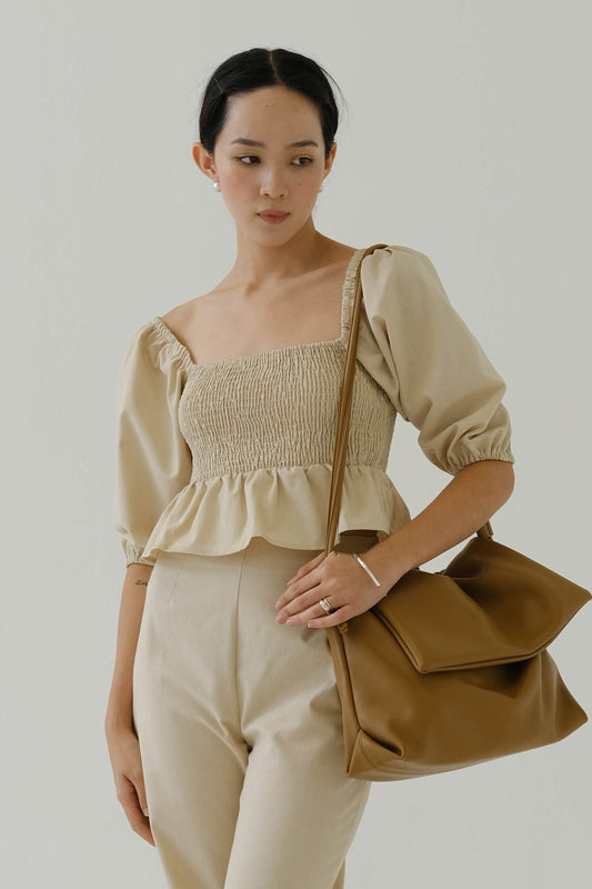 Square Neck Puff Sleeve Top In Almond White