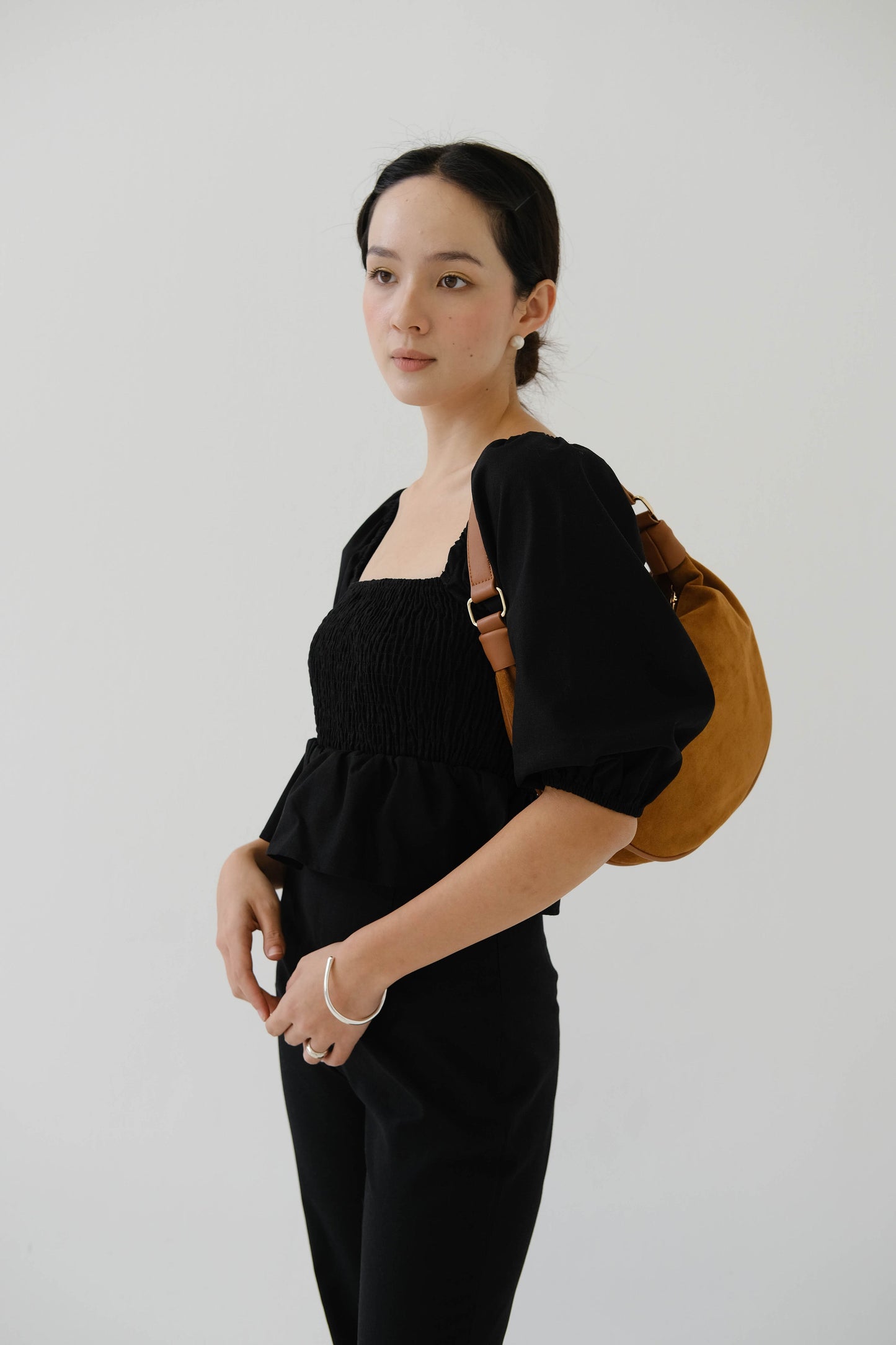 Square Neck Puff Sleeve Top In Classic Black
