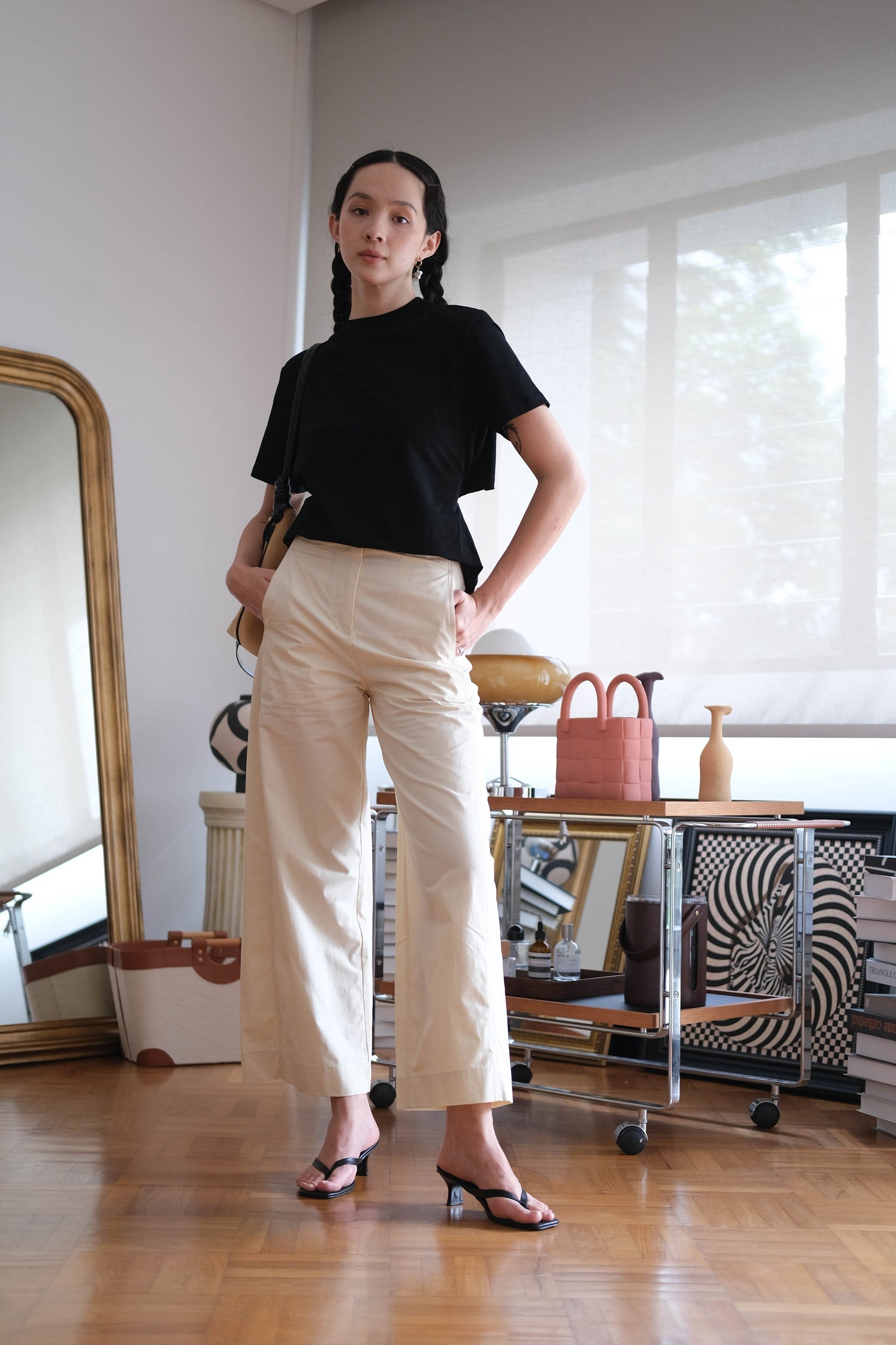 Loose and Slim Drape Slacks in Cream White