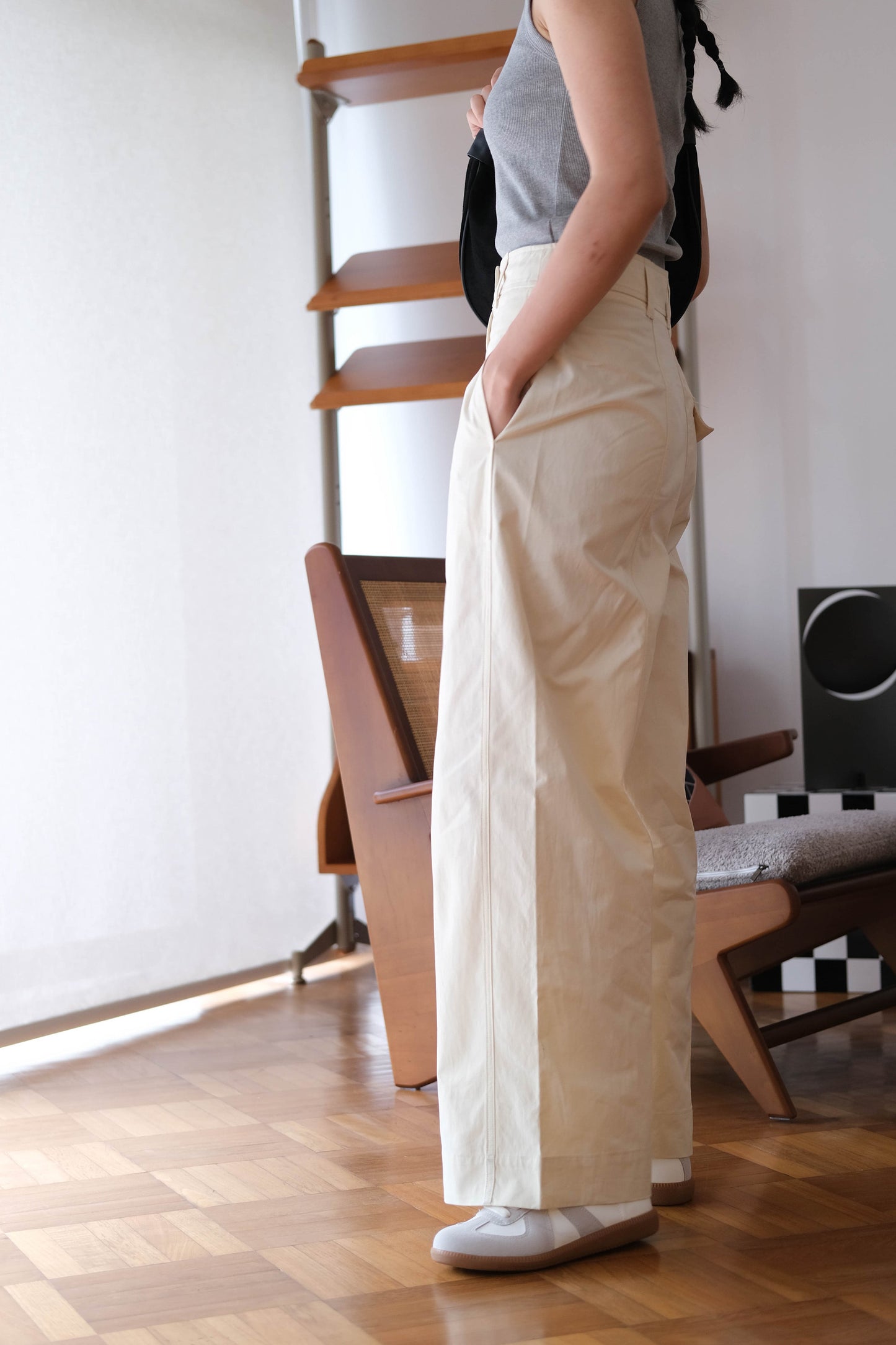 Loose and Slim Drape Slacks in Cream White