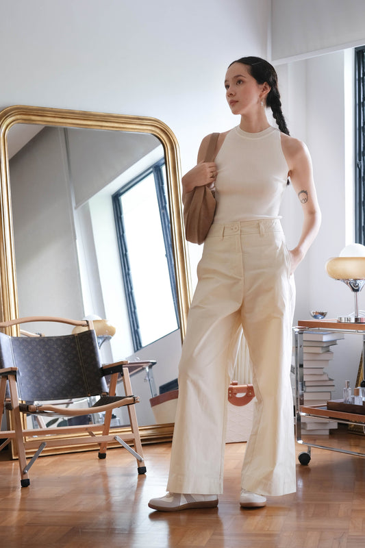 Loose and Slim Drape Slacks in Cream White