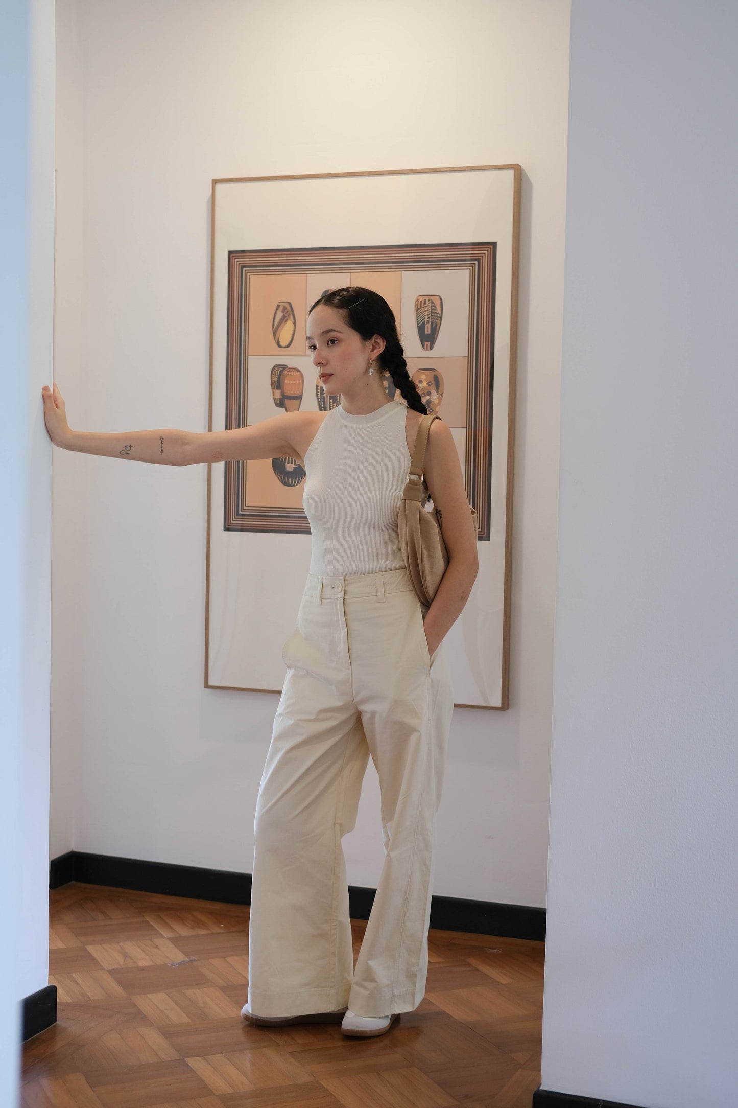 Loose and Slim Drape Slacks in Cream White