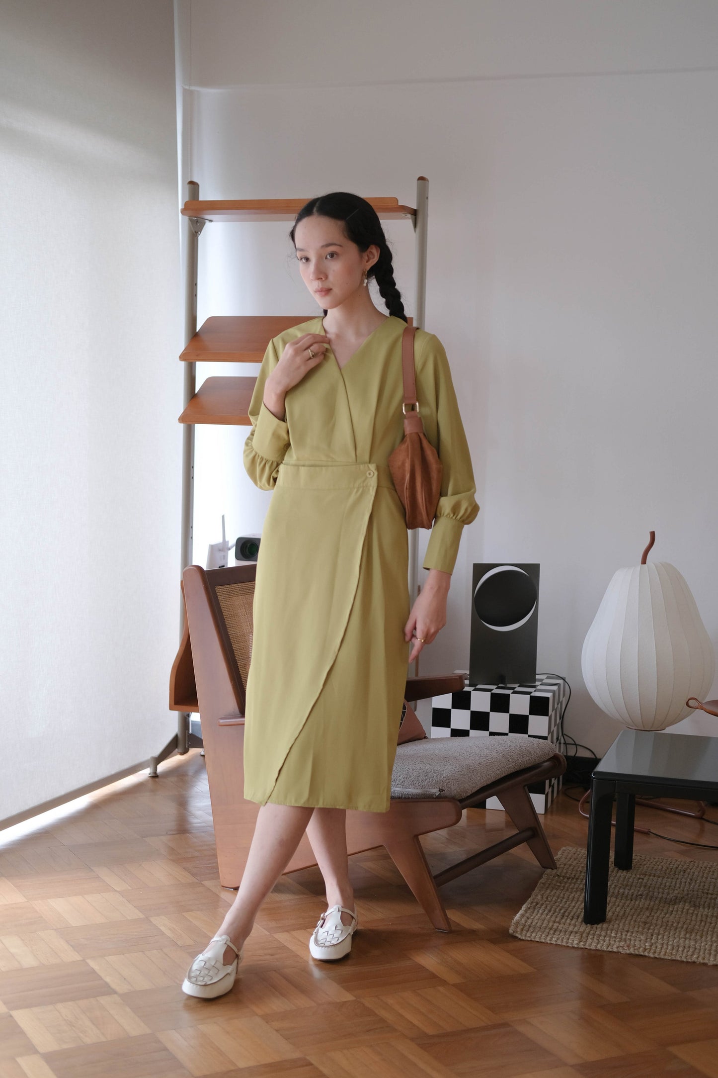 French Crossover V-neck Long Sleeve Dress