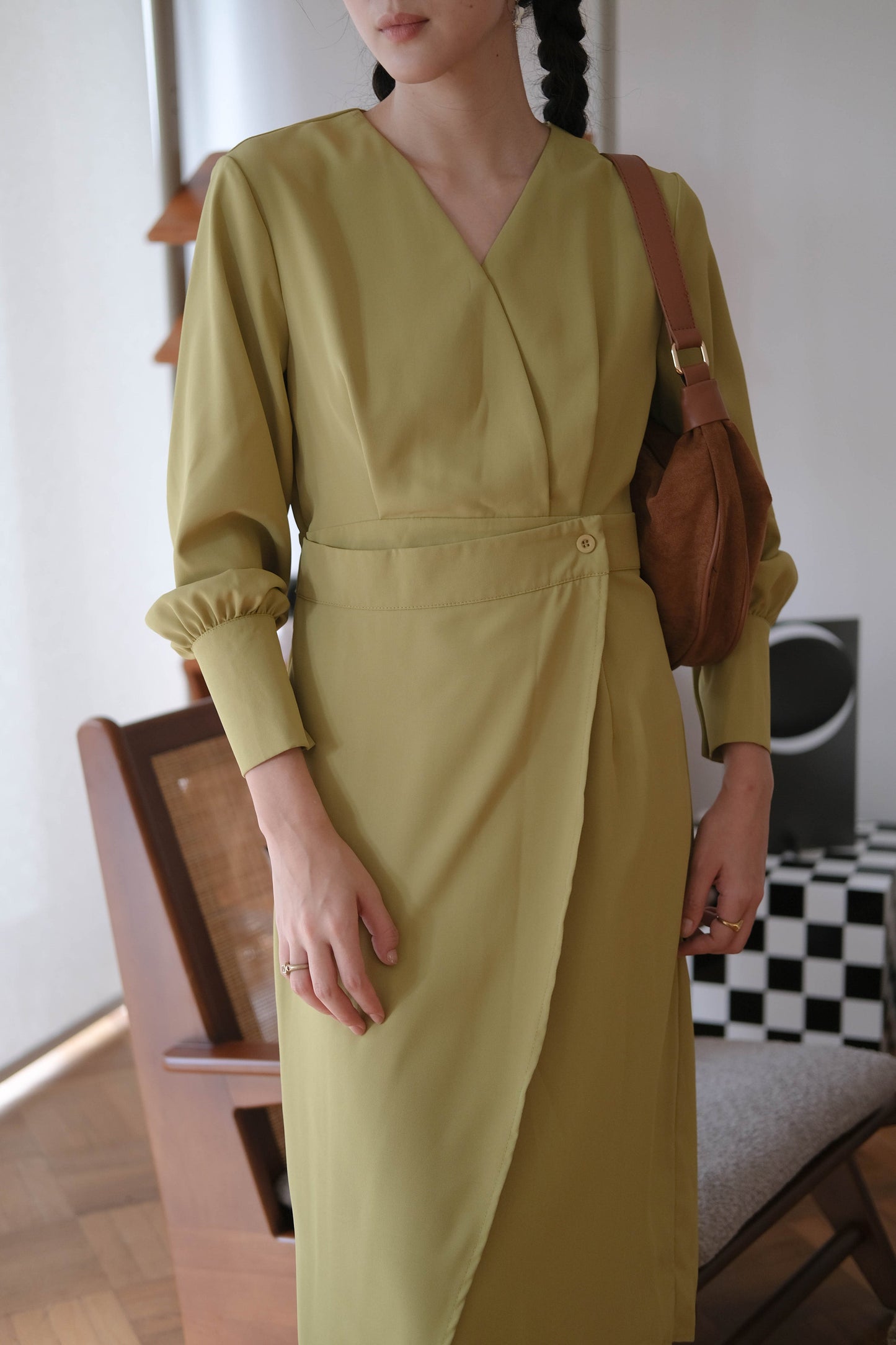 French Crossover V-neck Long Sleeve Dress