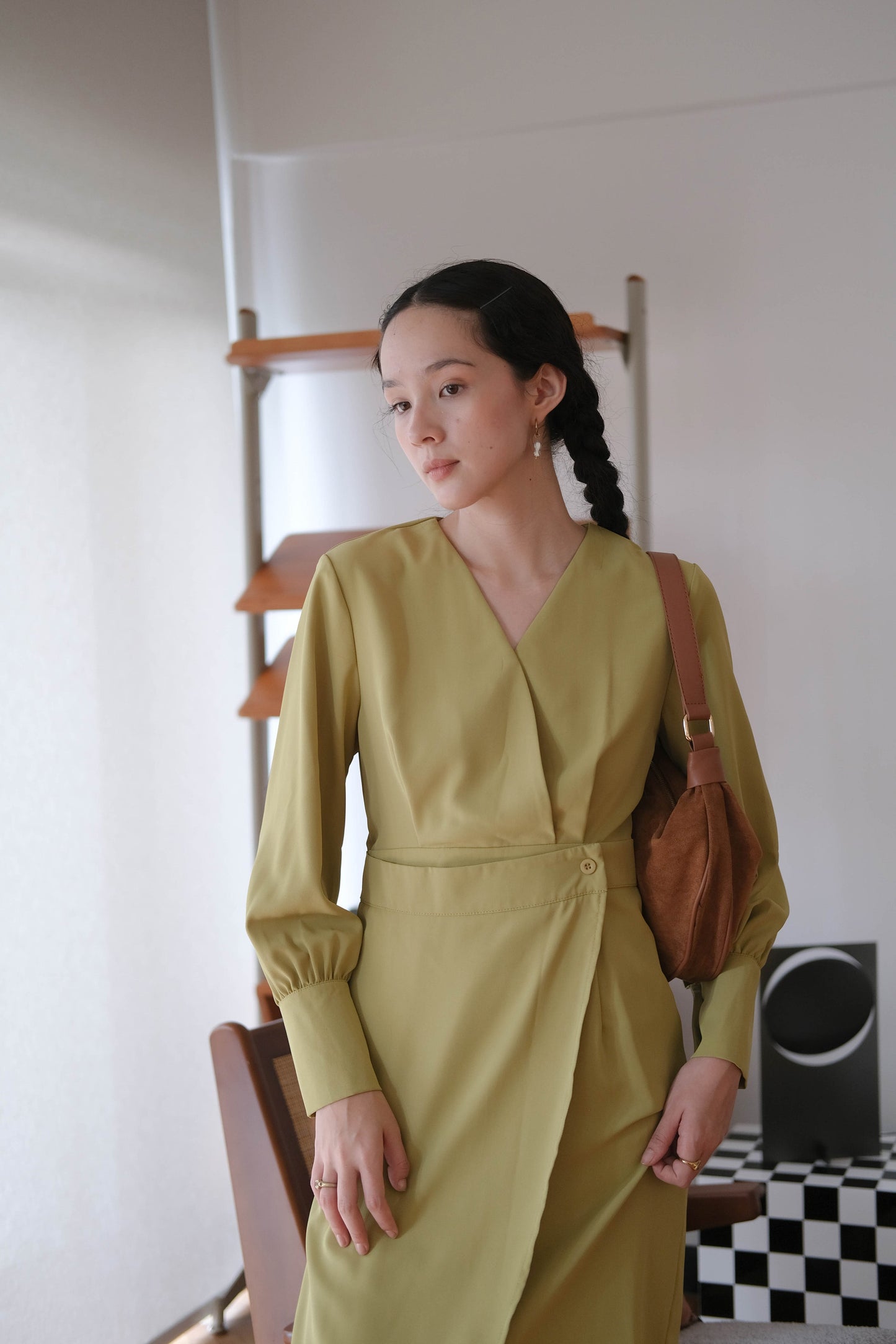 French Crossover V-neck Long Sleeve Dress