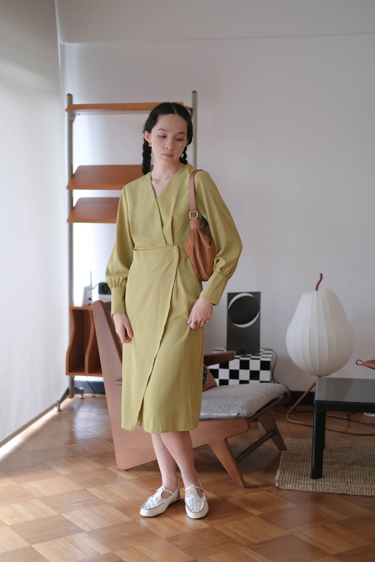 French Crossover V-neck Long Sleeve Dress