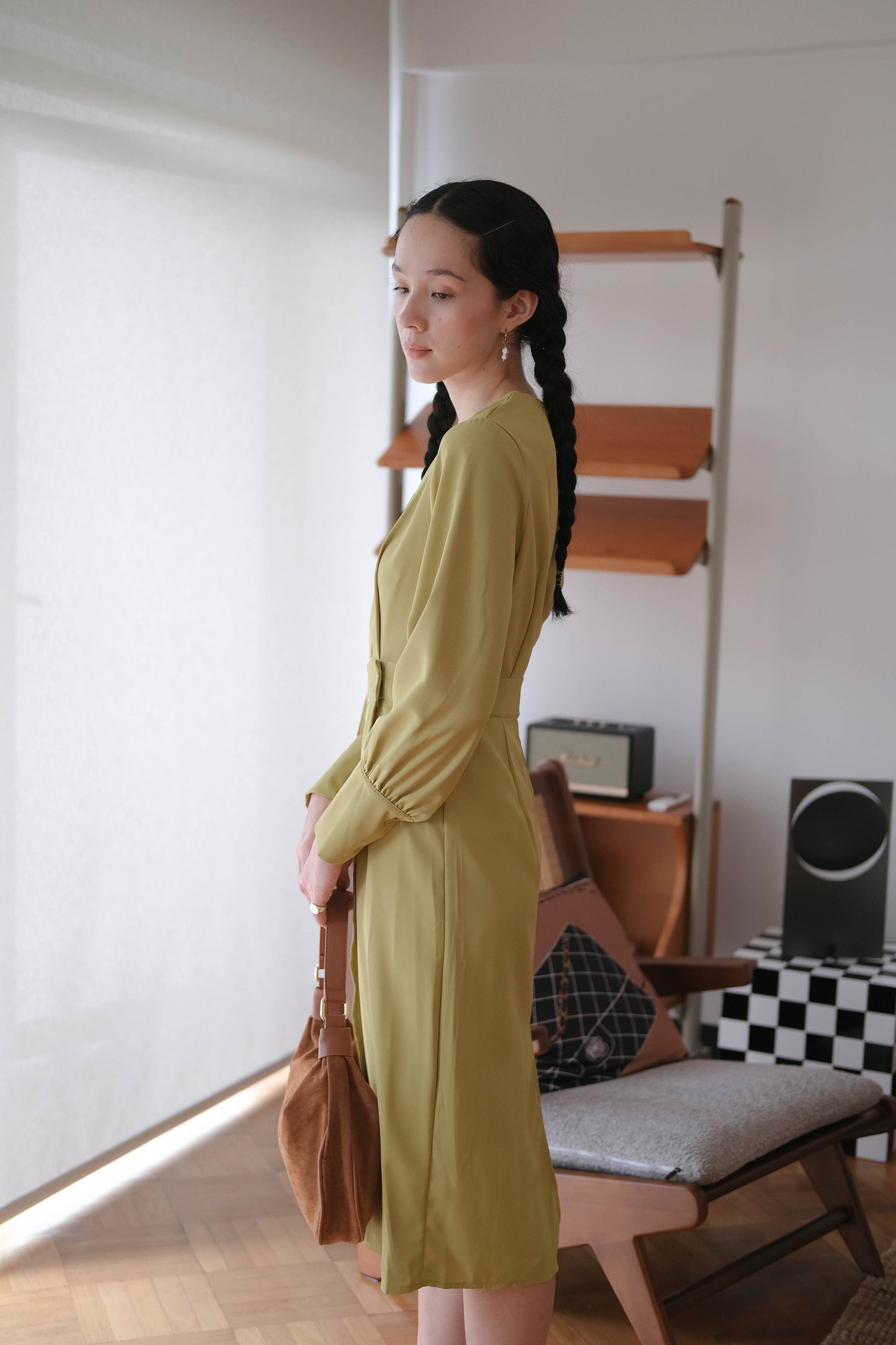 French Crossover V-neck Long Sleeve Dress