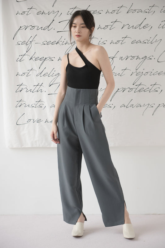 High-waisted wide-legged trousers in dark grey