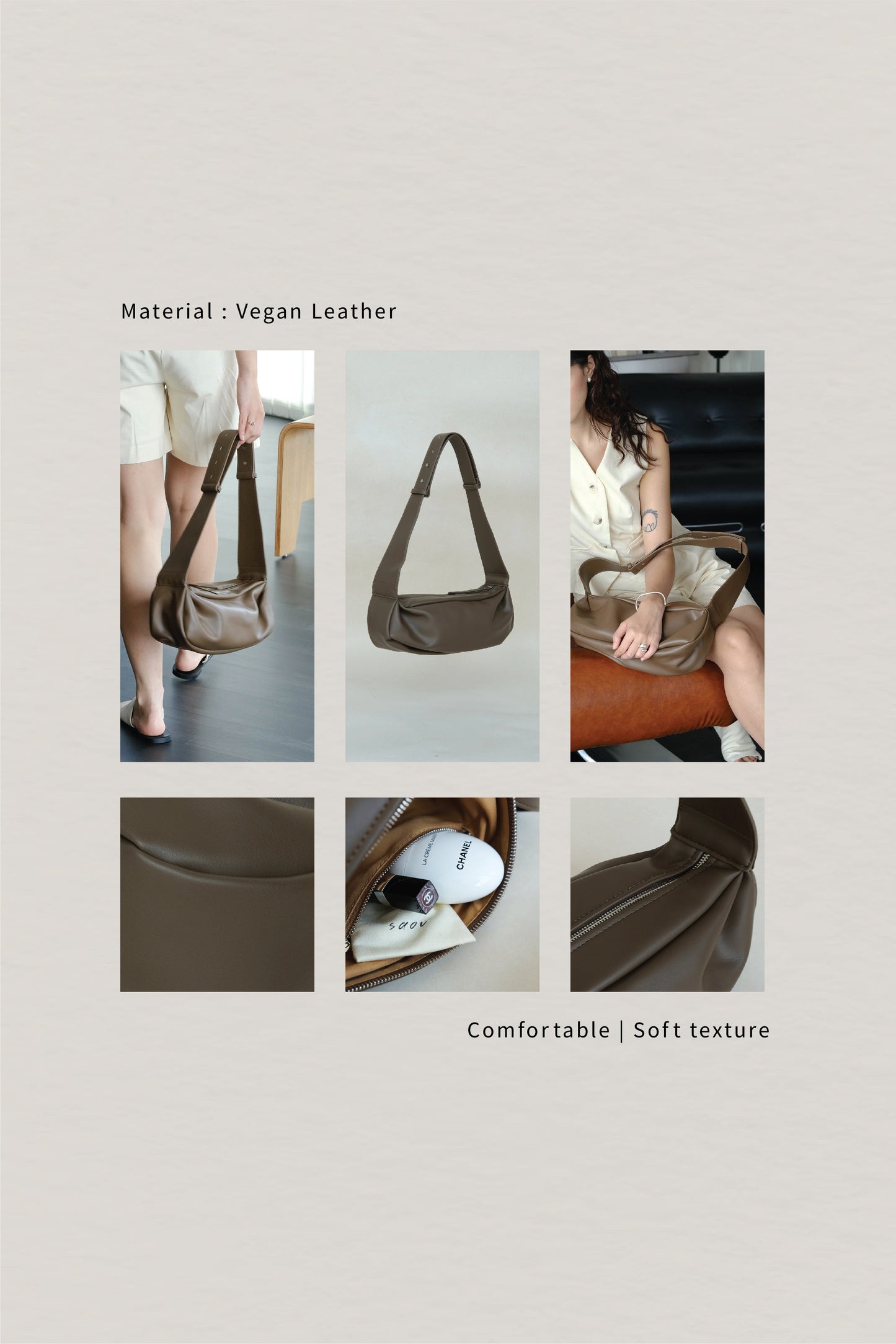 PU Soft Leather Pillow Bag in Mud Color