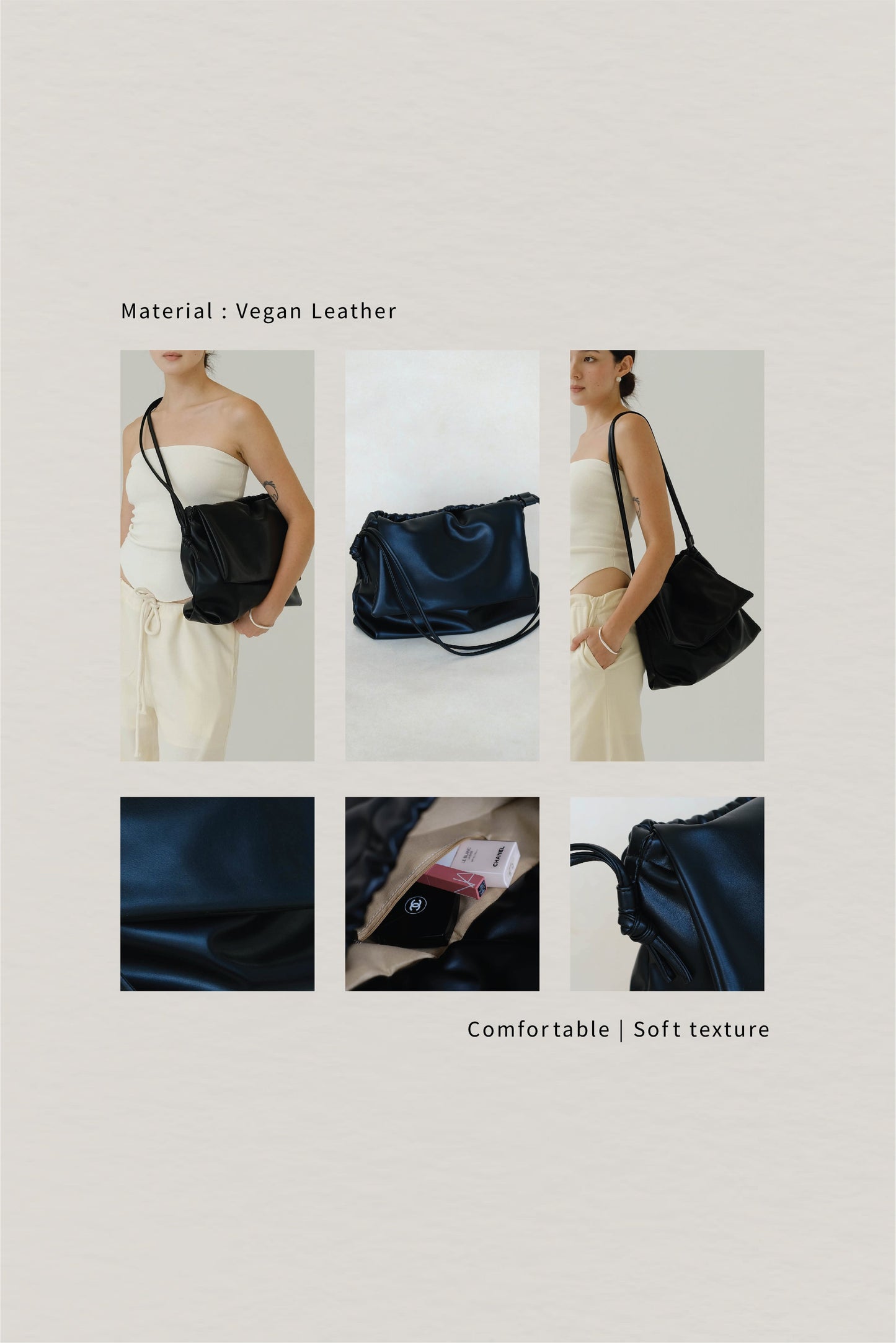 Drawstring Pleated Large Capacity Shoulder Bag in Classic Black