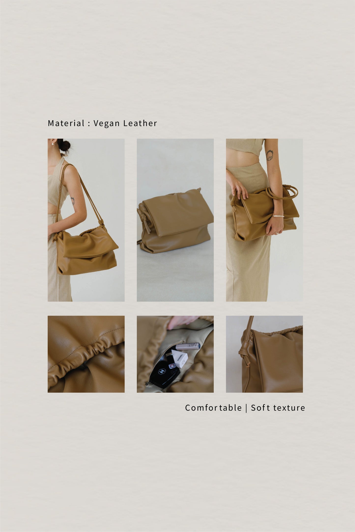 Drawstring Pleated Large Capacity Shoulder Bag in Brown Color